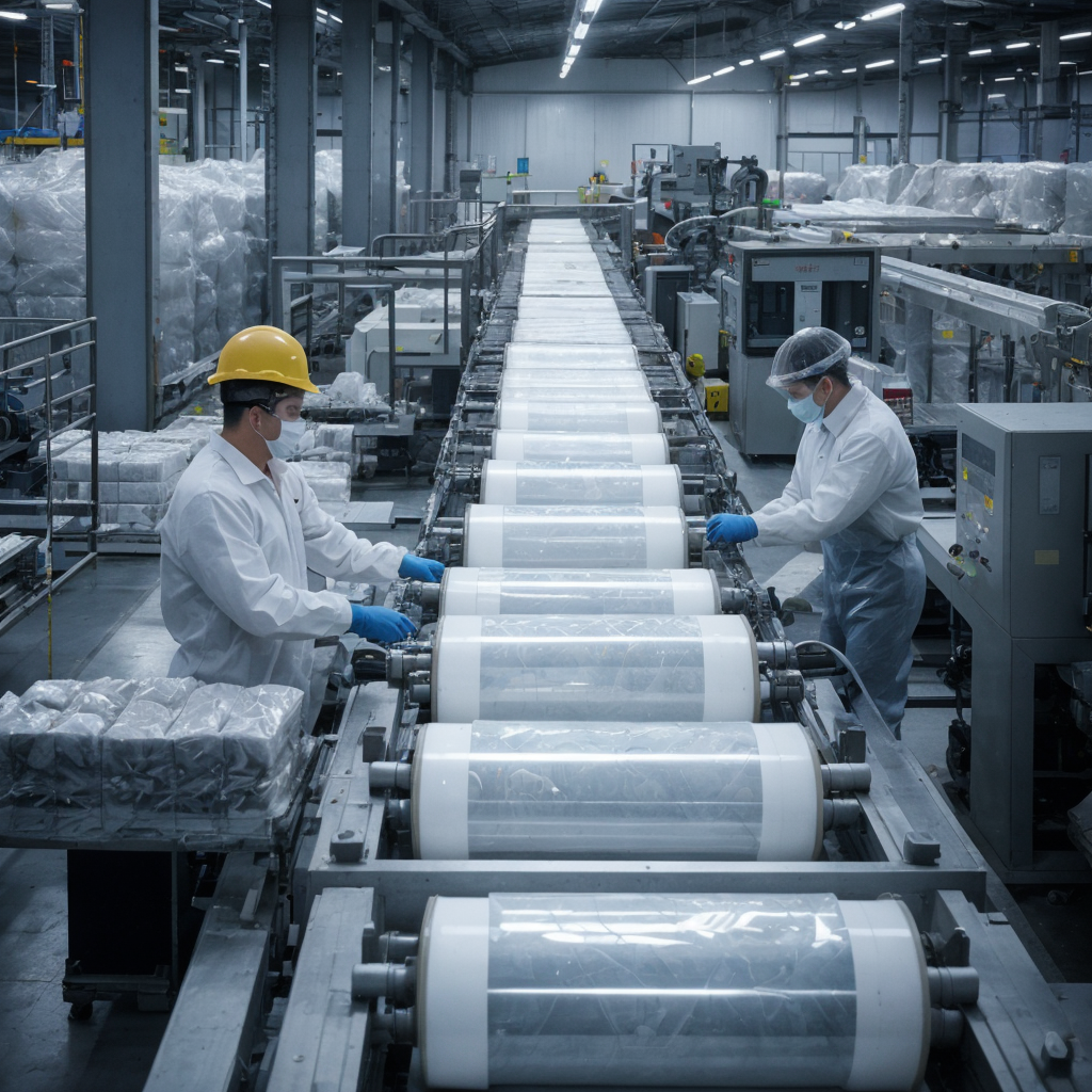 the image showcases two male workers assembling rolls of plastic lidding films in a packaging warehouse. 